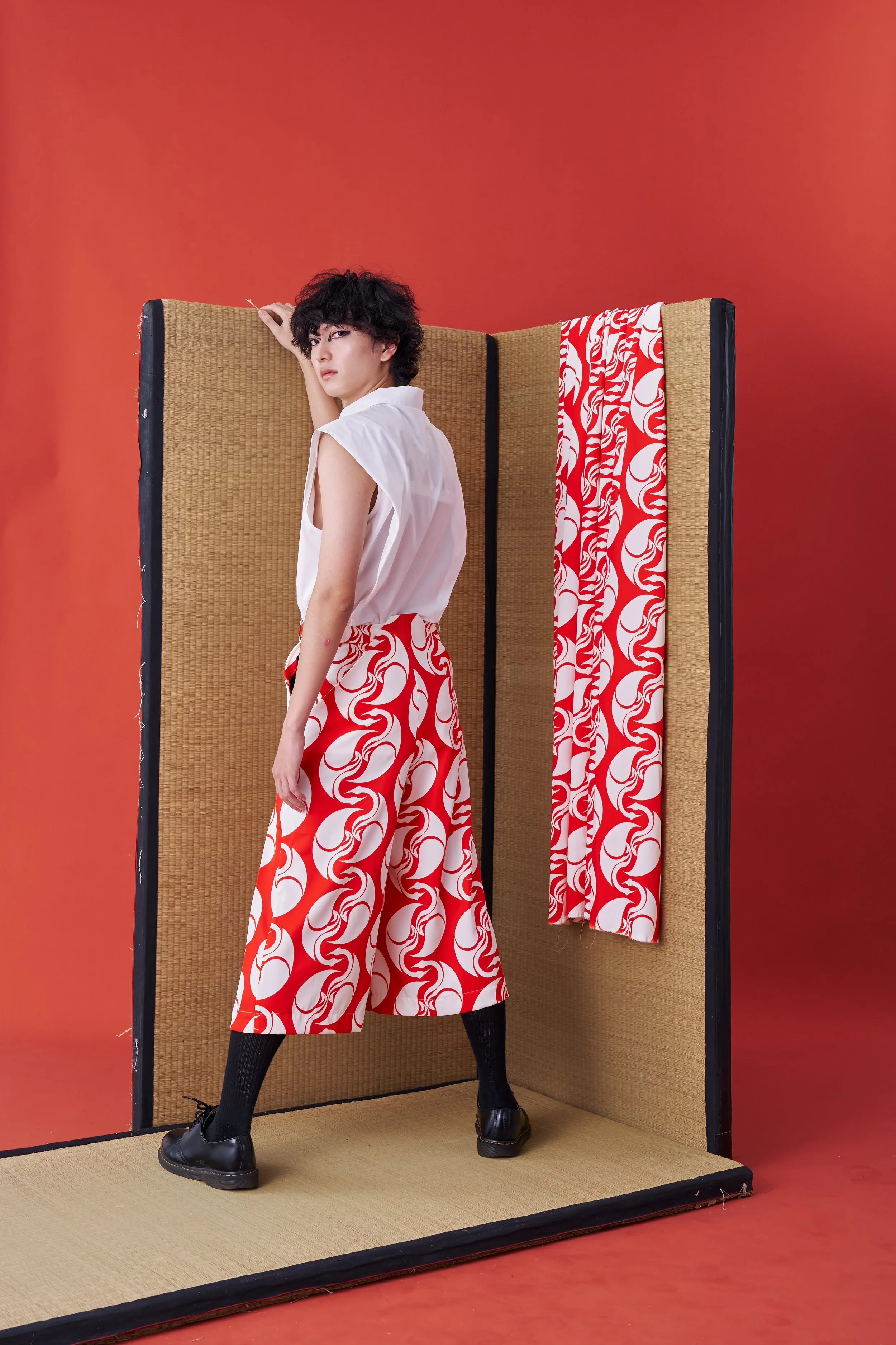 INF Japanese hakama-style Deconstructed Wide Shorts (Red printing